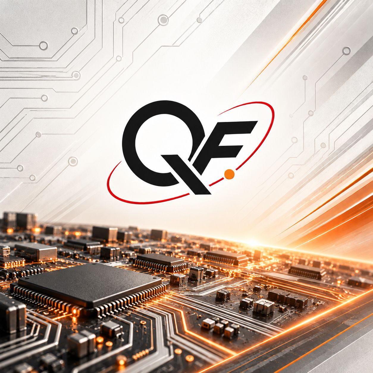 Quantum Fit QF logo above orange-lit electronic circuits
